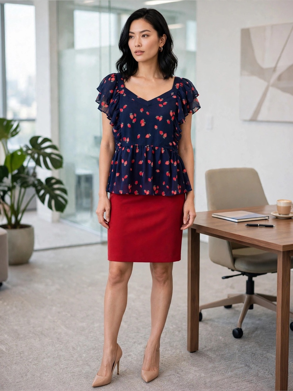 Cato Navy Blue Blouse with Red Strawberry Print and Ruffle Sleeves